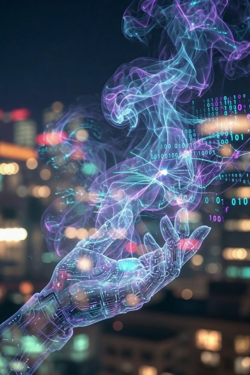 Glowing AI robotic hand with digital data streams in an urban night environment