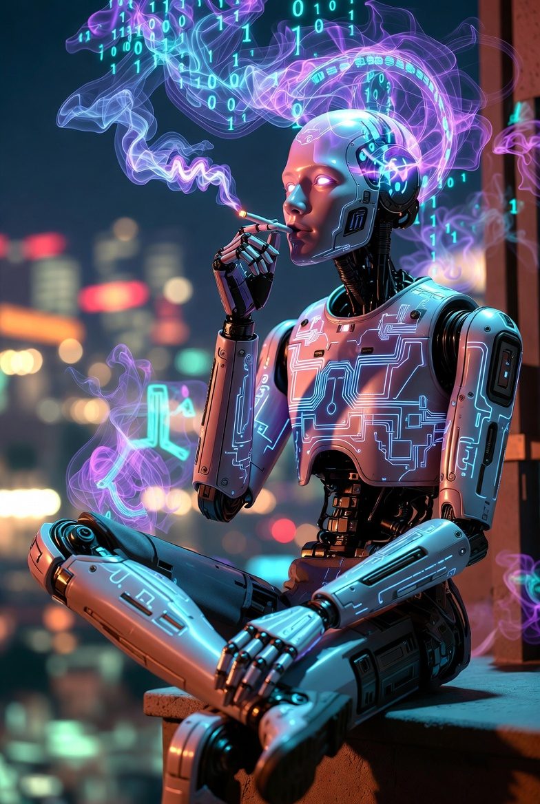 AI robot figure with digital smoke and binary code in an urban night setting